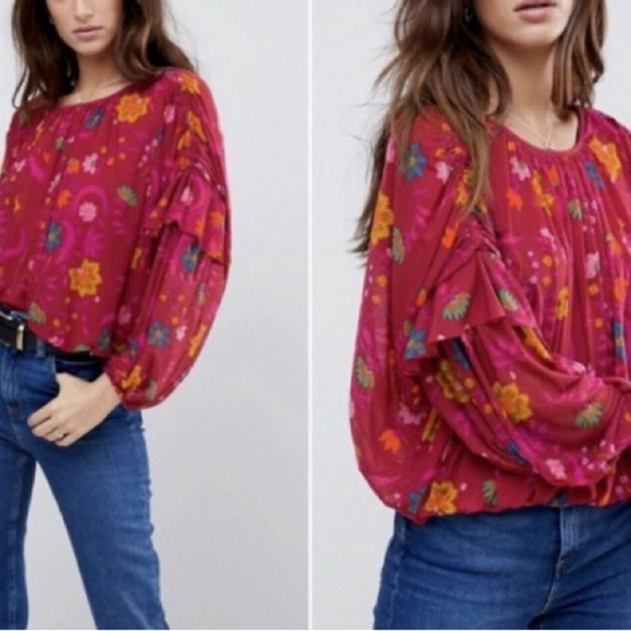 Free People Wildflower Honey Blouson Peasant Top Berry Floral Size Small - Picture 2 of 9